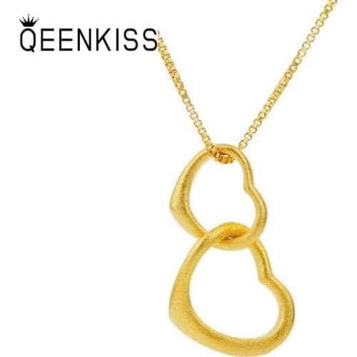 QEENKISS PT506 Fine Jewelry Wholesale Fashion Woman Girl Mother Birthday Wedding Gift Double Heart 24KT Gold Pendant NO CHAIN