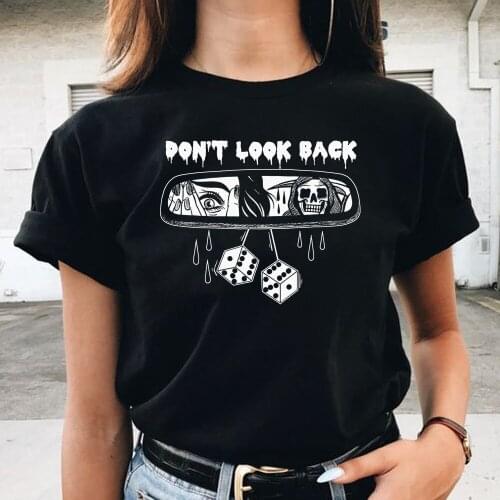 HAHAYULE-JBH Don't Look Back Gothic T Shirt Black T Shirt Women Skeleton Devil Horror Tshirt Tee Halloween Tops Grunge Clothes