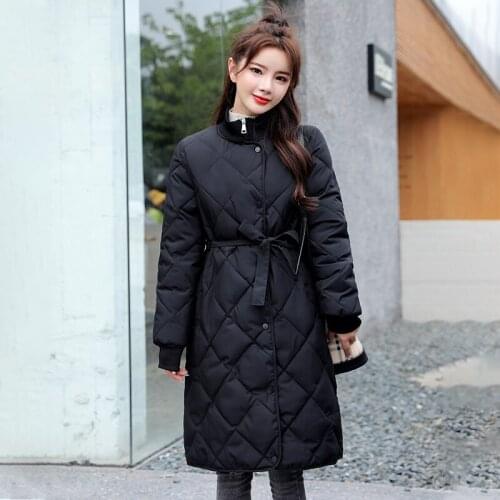 Plus Size Outwear Casual Coats 2021 Winter Solid Long Jacket Women Stand Collar with Sashes Womens Parkas Thick Cotton Padded