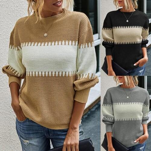 Women Autumn Winter Jumpers Pullover Color Block Long Puff Sleeve Knitted Sweater
