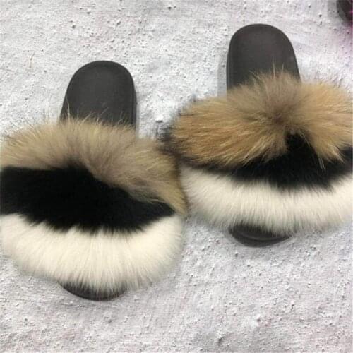 Womens Winter Plush Fox Slippers Open Toe Real Fox Hair Sandals Woman Fur Slides Fluffy Fury Shoes Female Fur Flip Flops Big 45