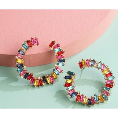 2020 NEW Trendy Personality Big Round C Earrings for Women Color Crystal Dangle Earrings Party Female Jewellery Accessories