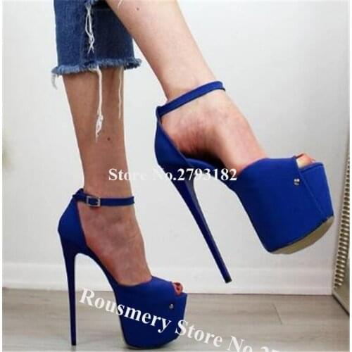 Women Sexy Fashion Peep Toe Suede Leather High Platform Stiletto Heel Sandals Blue Ankle Strap High Heel Sandals Dress Heels