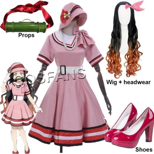 Anime Demon Slayer: Kimetsu no Yaiba Kamado Nezuko Cosplay Costume Women Nezuko Casual Wear Kimetsu no Yaiba Cosplay Wig shoes