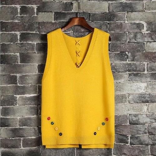 Sweater Vest Womens 2020 Autumn Winter Pure Basic Deep V Neck Colorful Buttons Pullovers Sleeveless Lace Up Tops Knitted Vest
