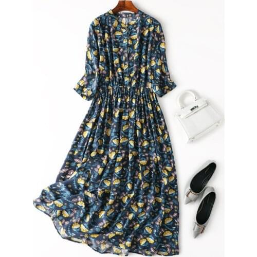 Womens 100% Silk Sleeve luxury Fashion Heavy Round neck Long Dress ginkgo leaf One Size L1040