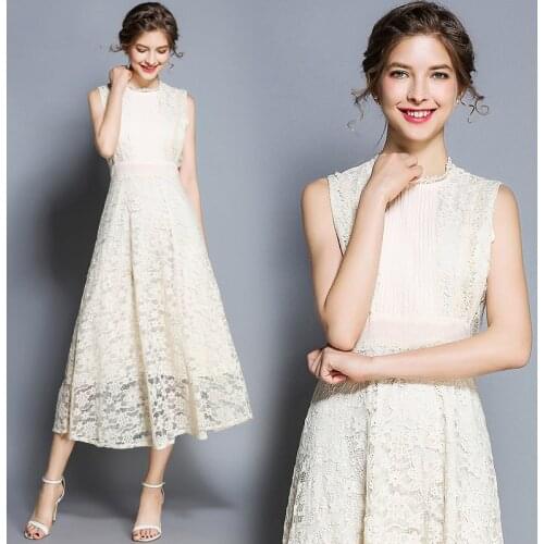 Hollow Out Lace Sexy Dress Women Summer Sleeveless Tank Medium Length Dresses for Women Party O-Neck Solid Empire Dress Women