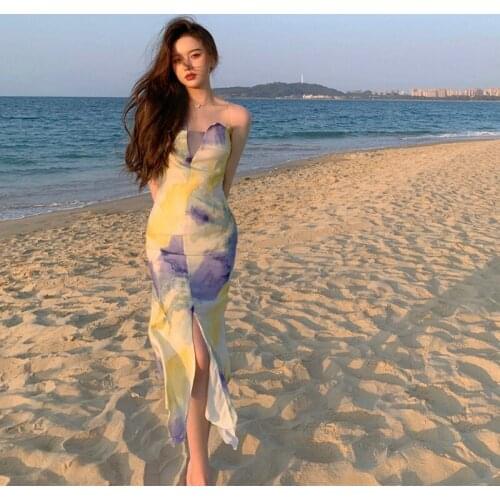 Dress female 2021 summer new spell color tie-dye sling Slim sexy slit skirt waist pack hip skirt resort style