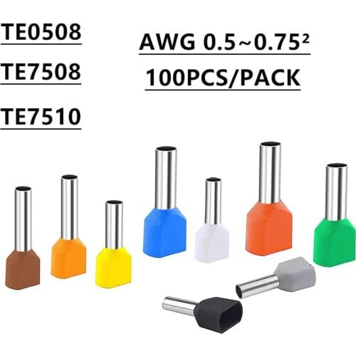 100PCS TE0508 TE7508 TE7510 double pipe 0.5~0.75² cold pressed end double line tube shaped pre insulated tubular terminal