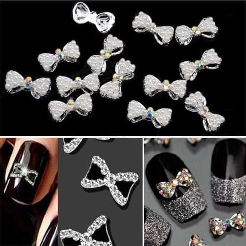 2pcs White Pearl Nail Art AB Rhinestones Crystal Bow Tie Alloy Bow Knot For Nails Art Charming Decorations Jewelry Accessories