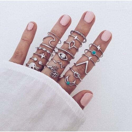 20 Pcs/set Boho Knuckle Ring Set For Women Gem Elephant Crown Crescent Geometric Finger Kольцо Vintage Jewelry