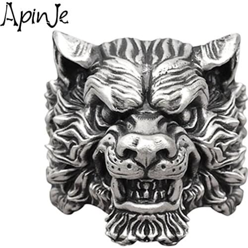 Apinje Vintage 925 Sterling Silver Ring for Men Twelve Zodiac Retro Tiger Biker Men Rings Animal Fine Jewelry