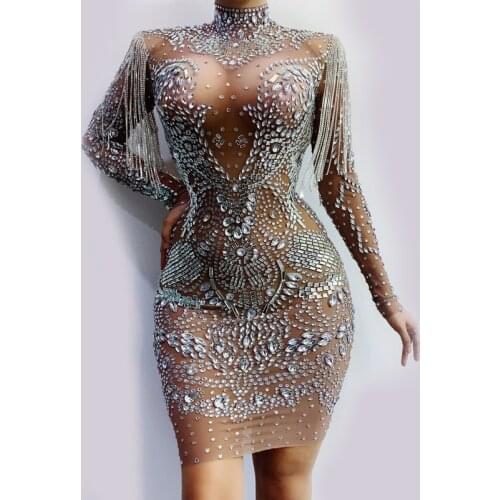 Sparkly Rhinestone Fringe Dress Prom Birthday Celebrate Party Dresses Singer Performance Tassel Sleeve Outfit Sexy Dance Costume