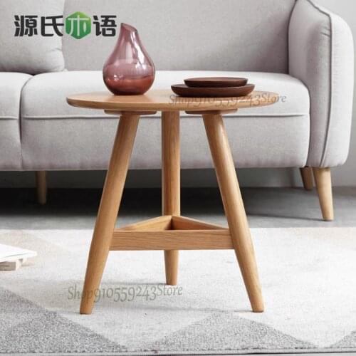 Solid Wood Side Table Oak Small Round Table Nordic Sofa Side Cabinet Modern Minimalist Corner Table Living Room Small Coffee Tab