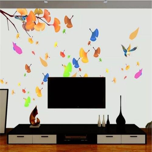 Custom wallpaper color ginkgo hand-painted pen and flower new Chinese style wall decoration - high quality silk cloth