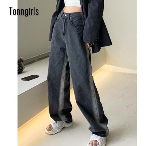 Tonngirls Streetwear Black Gradient Jeans Woman 2021 Stylish Mom Jeans High Waist Vintage Loose Wide Leg Demin Pants Femme Chic