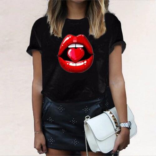 Red Mouth Lip Kiss Print Women T shirt Black Summer Funny Top Graphic Tee Shirt Vogue Harajuku Femme T Shirts Woman Clothing
