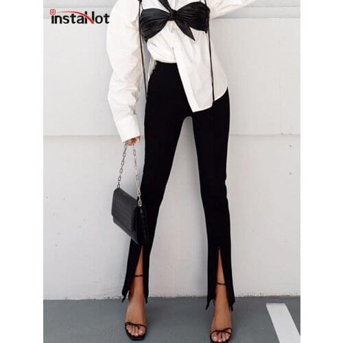InstaHot Elegant Women Pant High Waist Black Split Slim Autumn Office Lady Casual Trouser 2020 Fashion Flare Slit Pant Black