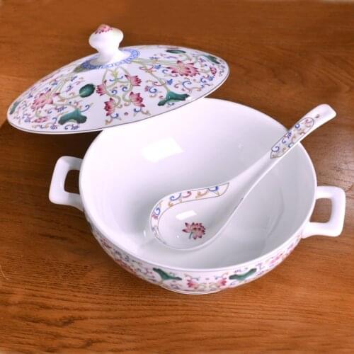 Jingdezhen Ceramic soup bowl chinese family Bone China vegetable soup bowl with ear and cover high foot tableware soup bowl