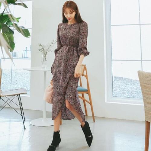 Leopard Print Women Dress O-neck Irregular Asymmetrical Women Maxi Dress High Waist Lace Up Female Vestidos 2019 Fashion Casual