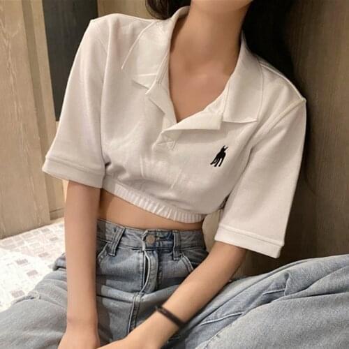 Summer Casual Solid T-Shirt Korean Style Fashion Retro All-Match Outer Wear Cute Embroidered Short Style Short-Sleeved Top