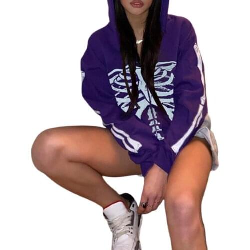 Fashion Women’s Casual Long sleeves Cardigan Sweatshirts Fashion Skeleton Print Loose Zipper Hooded Sweatshirt Coats Outwear