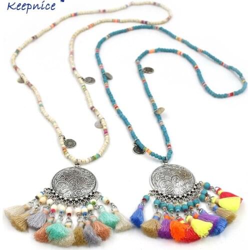 New Heavy Metal Statement Gypsy Ethnic Colorful Tassel Pendants Necklace Long stone Beaded Chain Maxi Necklace