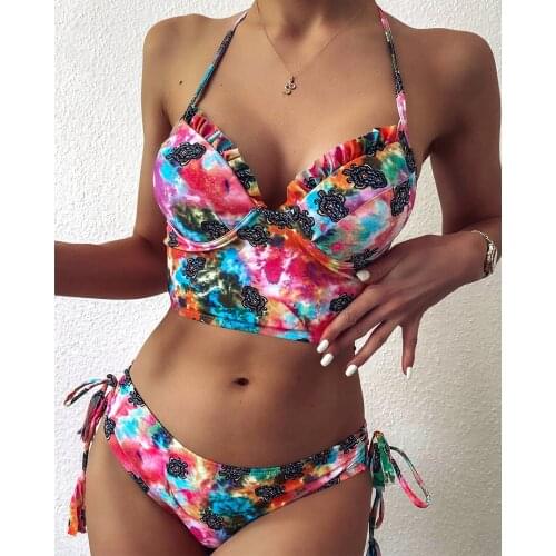 Sexy Tie-dye Bikini Women Push Up Padded High Waist Swimsuit Hollow Out Cut Out Bathing Suit Lace Up Swimwear Beachwear 2020