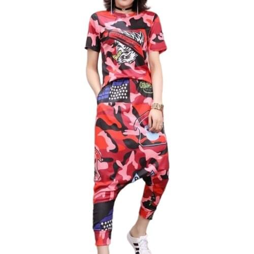 Casual Women Pants Set Camouflage print Short Sleeve T Shirt+Harem Pants Suit Female Loose Two Piece Sets Tracksuit