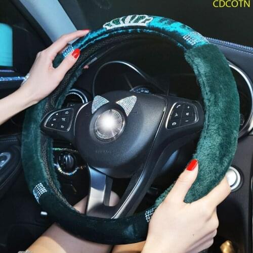 Luxury Crystal Car Steering Wheel Covers For Girls Ladies Goddess green plush Leather Handlebar Cover Auto Interior Accessories