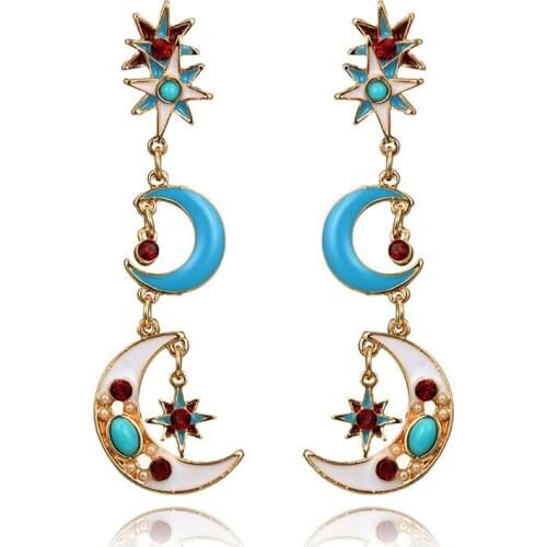 Earrings Statement Drops Gem Bohemian Sun Moon Shiny Crystal Pink Blue Natural Stone Earrings Jewelry For Women Wholesale Brinco