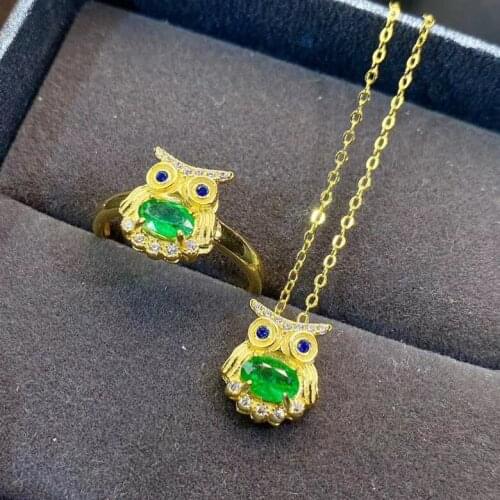 Super Good Color 100% Natural and Real Emerald Set 925 Sterling Silver,1pc Emerald Ring,1pc Emerald Pendant