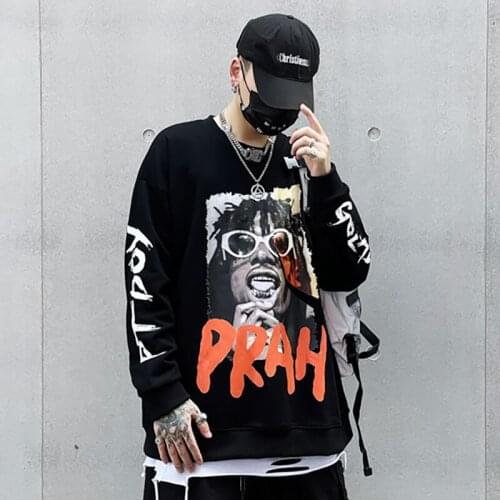 Men Hip Hop Streetwear Sweatshirt Graphic Crewneck Pullover Cotton Long SLeeve Tee