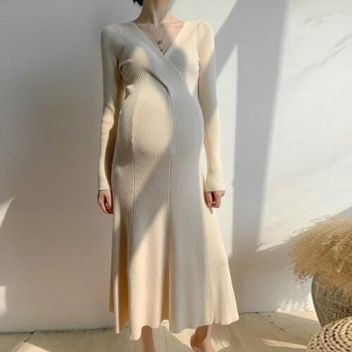 Pregnant Women Spring Slim stretch Knitted Sweater Dress Fashion Maternity Dresses Long Sleeve V-neck Pregnancy Clothes Q1206