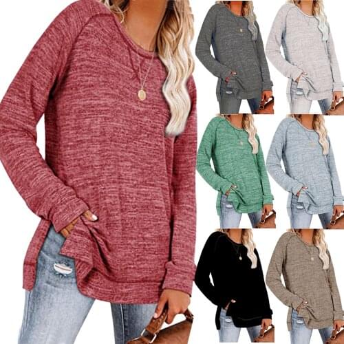 T Shirt Women Spring Autumn 2021 New European And American Pure Color Fleece Round Neck Long Sleeve Split Female Tshirts CJF7068