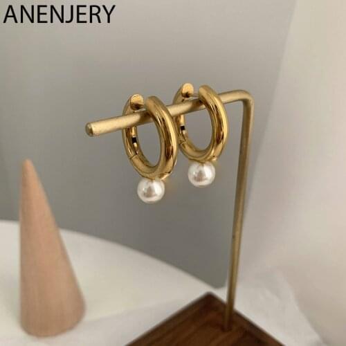 ANENJERY 925 Sterling Silver Pearl Circle Hoop Earrings For Women Simplicity Temperament Jewelry Holiday Gift