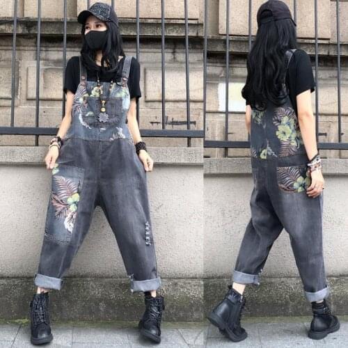Denim Overalls 2021 Summer Womens High Waist Large Size Loose Printed Retro Overalls Korean Version of The Nine-point Jumpsuit