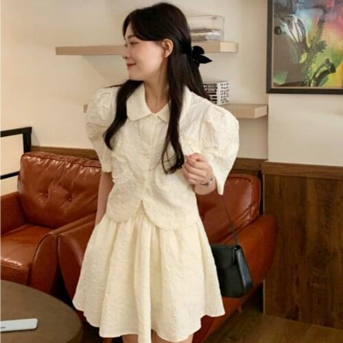 Sannian Women Set 2021 Summer New Doll Collar Love Puff Sleeve Shirt+high Waist A-line Skirt Two-piece Set Ladies Clothes