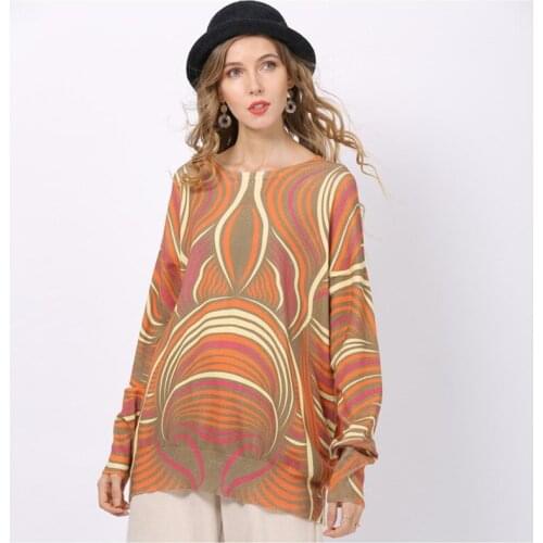Autumn Winter Printed Knitted Sweater Women Elegant Striped Oversized Pullovers Women Loose Long Sweaters Streetwear Outerwear