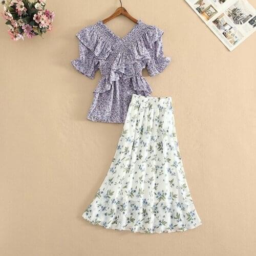 2021 Summer New Office Lady Flower Printed 2 Piece Set Women Petal Sleeve Layered Ruffle Blouse Shirt Top +Long Skirt Sets Suits