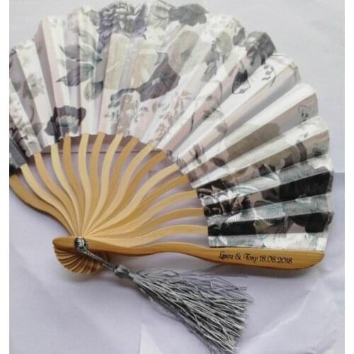 50pcs Personalized/Customized Bamboo 100% Polyester Flower Blossoms Wedding Chinese Japanese Folding Fan With tassel+printing