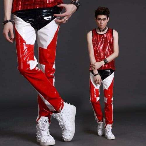 2015 Star style Male Personalized patchwork Leather motorcycle pants Male long trousers