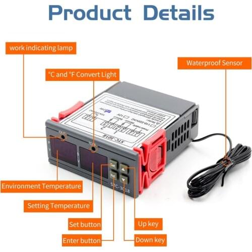 STC-3018 12V 24V 220V Digital Temperature Controller C/F Thermostat Relay 10A Heating/Cooling Thermoregulator Dual LED Display