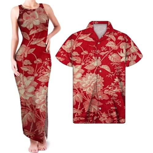 HYCOOL Red Floral Couple Matching Clothing Women Elegant Sleeveless Side Split Long Bodycon Dress Improved Cheongsam Women Dress