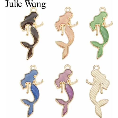 Julie Wang 10PCS Enamel Mermaid Princess Charms Multi-color Gold Tone Bracelet Necklace Alloy Jewelry Making Accessory