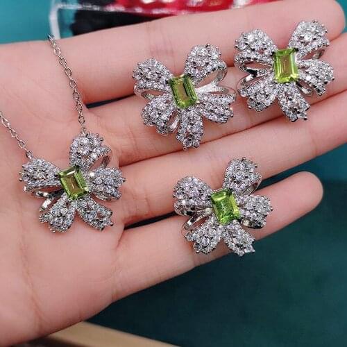 QTT Charms 925 Silver Wedding Jewelry Sets for Women Girlfriend Vintage Green CZ Bow Design Pendant Necklace Earrings Set