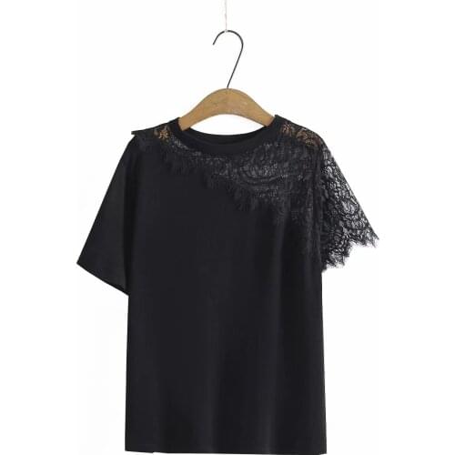 Summer womens tops and blouses plus size T-shirt female 2021 lace patchwork knitted short sleeves womens t-shirt white black