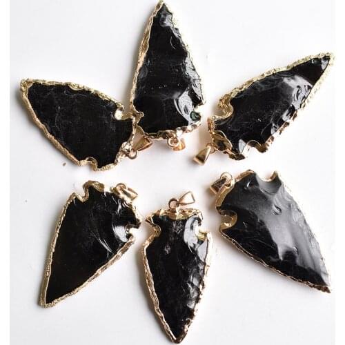 Fashion black Obsidian stones Arrowhead Rough Healing Point Natural Stone pillar Pendants for Charm Necklace accessories 6pcs