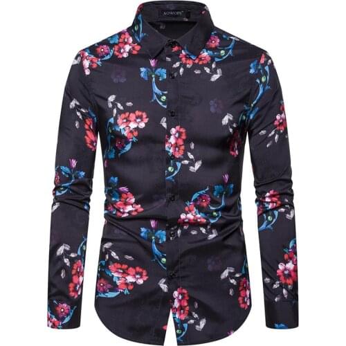 2019 New Arrival Men Casual Business Dress Shirts Mens Stretch Flower Printed Individual Trendy Blouse Long Sleeve Cotton Shirt