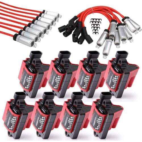 8Pcs Ignition Coils Pack Square Type UF271 D581 & 8mm Spark Plug Wires Set High Voltage Energy for Cadillac Chevrolet GMC